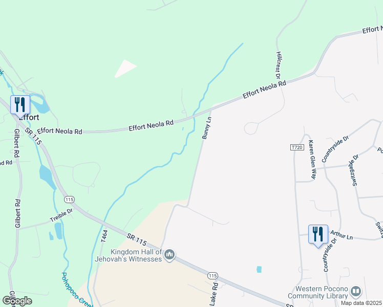map of restaurants, bars, coffee shops, grocery stores, and more near 2 Bunny Ln in Brodheadsville