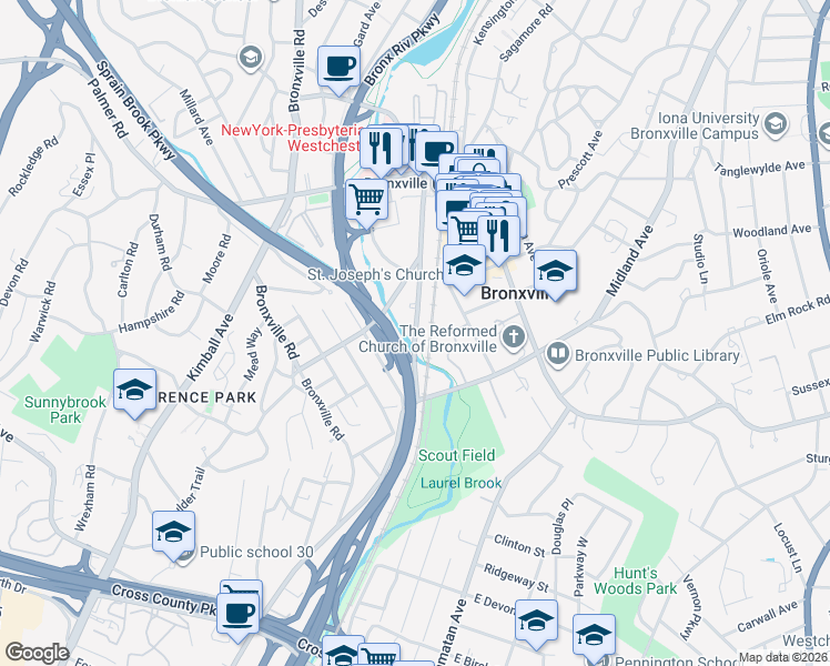 map of restaurants, bars, coffee shops, grocery stores, and more near 59 Parkway Road in Bronxville