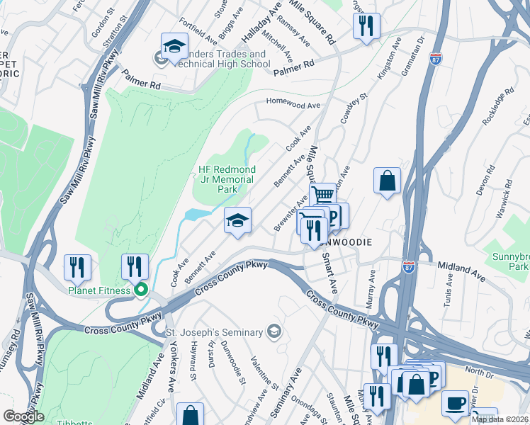 map of restaurants, bars, coffee shops, grocery stores, and more near 38 Dunston Avenue in Yonkers