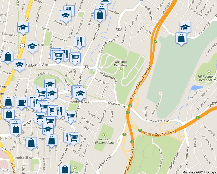 map of restaurants, bars, coffee shops, grocery stores, and more near 16 Mulberry Street in Yonkers