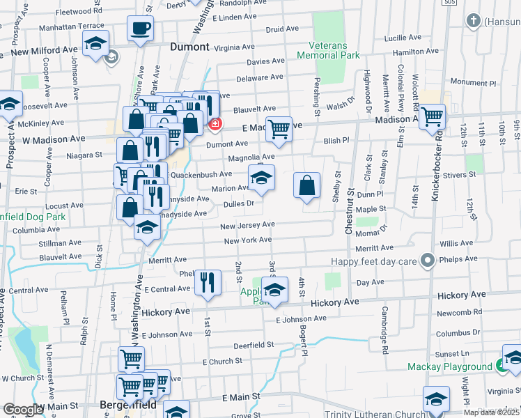 map of restaurants, bars, coffee shops, grocery stores, and more near 143 New Jersey Avenue in Bergenfield