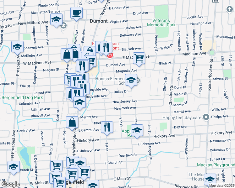 map of restaurants, bars, coffee shops, grocery stores, and more near 107 New Jersey Avenue in Bergenfield