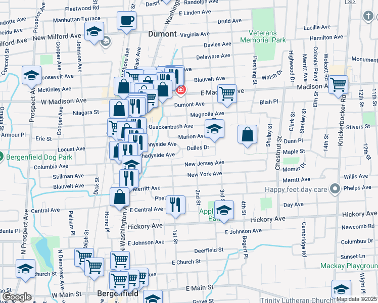 map of restaurants, bars, coffee shops, grocery stores, and more near 73 New Jersey Avenue in Bergenfield