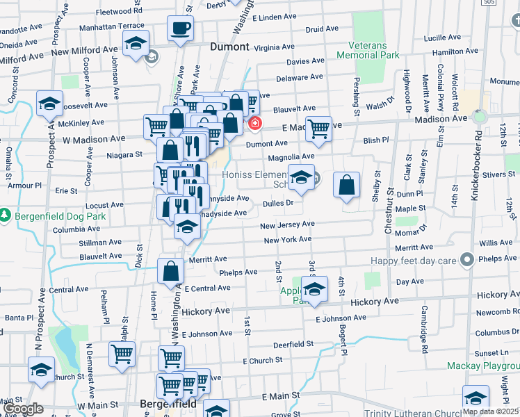 map of restaurants, bars, coffee shops, grocery stores, and more near 73 New Jersey Avenue in Bergenfield