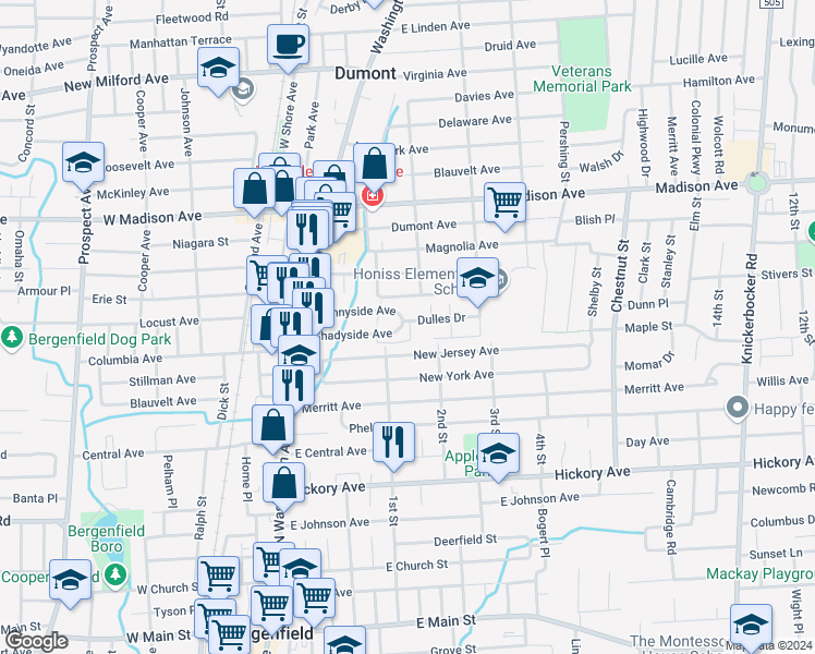map of restaurants, bars, coffee shops, grocery stores, and more near 73 New Jersey Avenue in Bergenfield