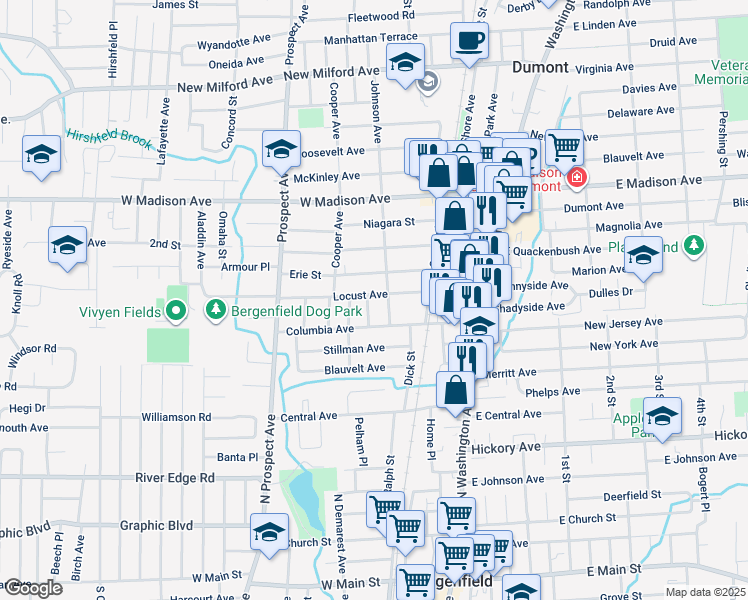 map of restaurants, bars, coffee shops, grocery stores, and more near 19 Bergman Terrace in Dumont