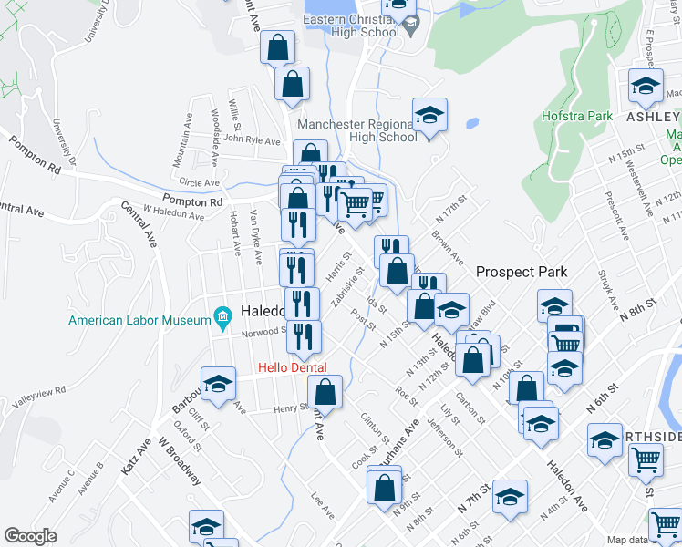 map of restaurants, bars, coffee shops, grocery stores, and more near 68 Zabriskie Street in Haledon