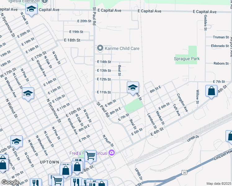 map of restaurants, bars, coffee shops, grocery stores, and more near 915 Poplar Street in Grand Island