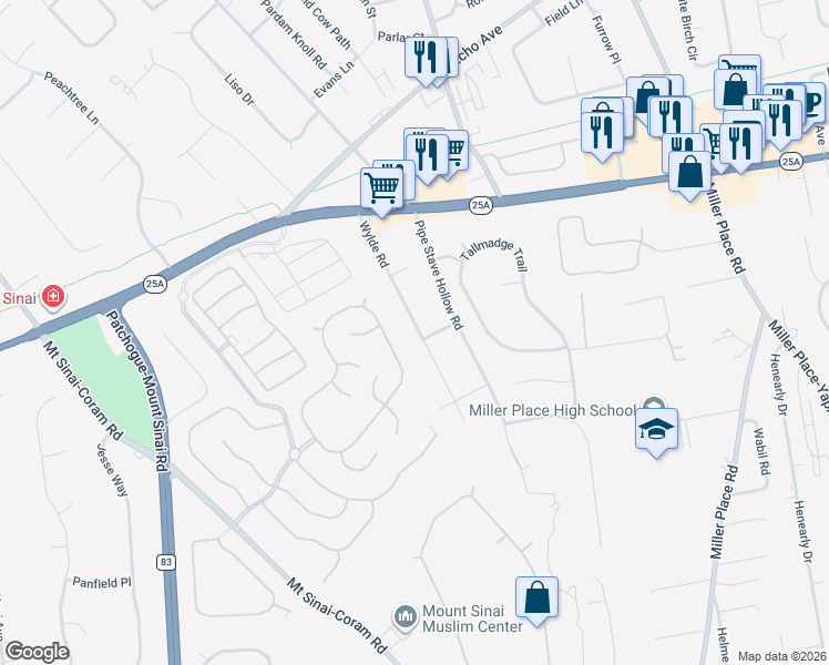 map of restaurants, bars, coffee shops, grocery stores, and more near 60 Wylde Road in Mount Sinai