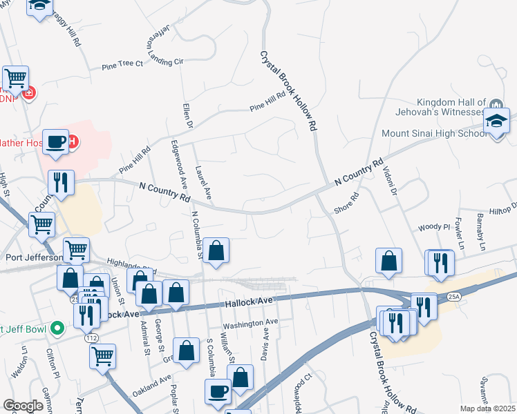 map of restaurants, bars, coffee shops, grocery stores, and more near 1 Gladysz Way in Port Jefferson