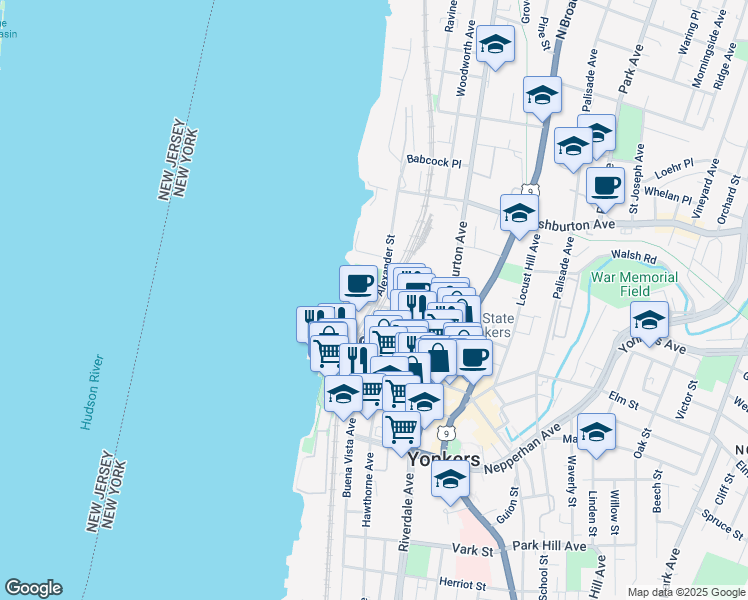 map of restaurants, bars, coffee shops, grocery stores, and more near 63 Wells Avenue in Yonkers