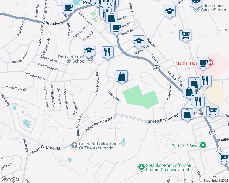 map of restaurants, bars, coffee shops, grocery stores, and more near 102 Alice Street in Port Jefferson