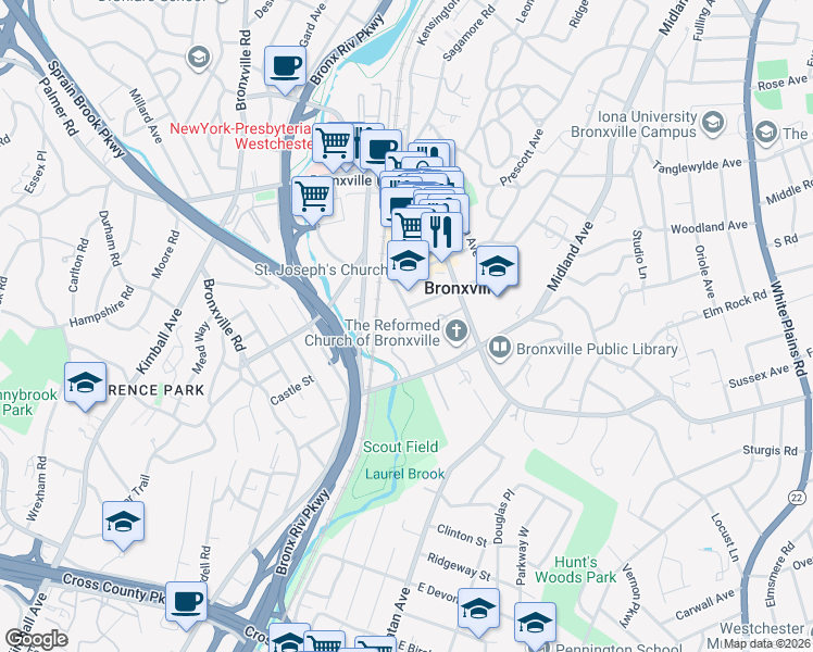 map of restaurants, bars, coffee shops, grocery stores, and more near 6 Midland Gardens in Bronxville