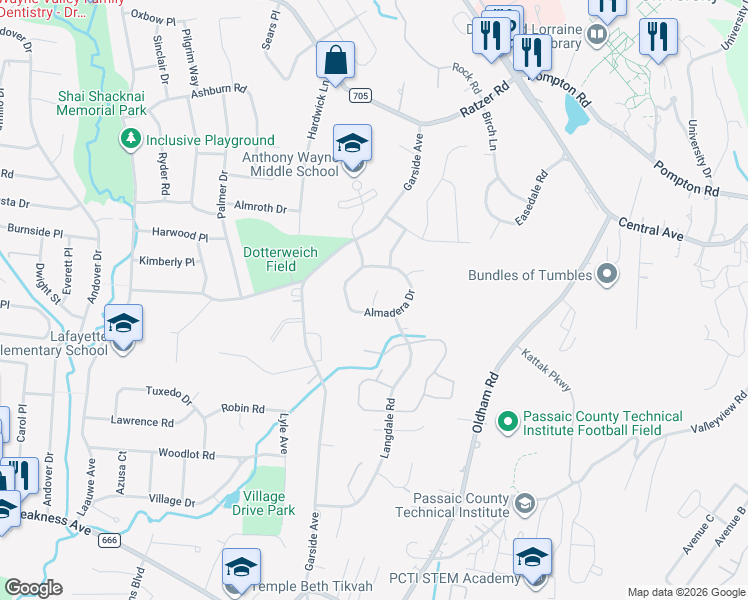 map of restaurants, bars, coffee shops, grocery stores, and more near 24 Almadera Drive in Wayne