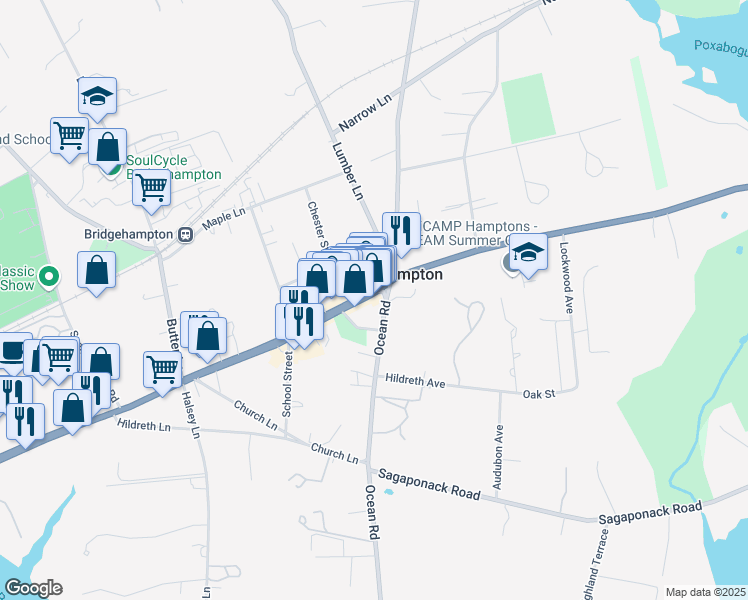 map of restaurants, bars, coffee shops, grocery stores, and more near 2491 Montauk Highway in Bridgehampton