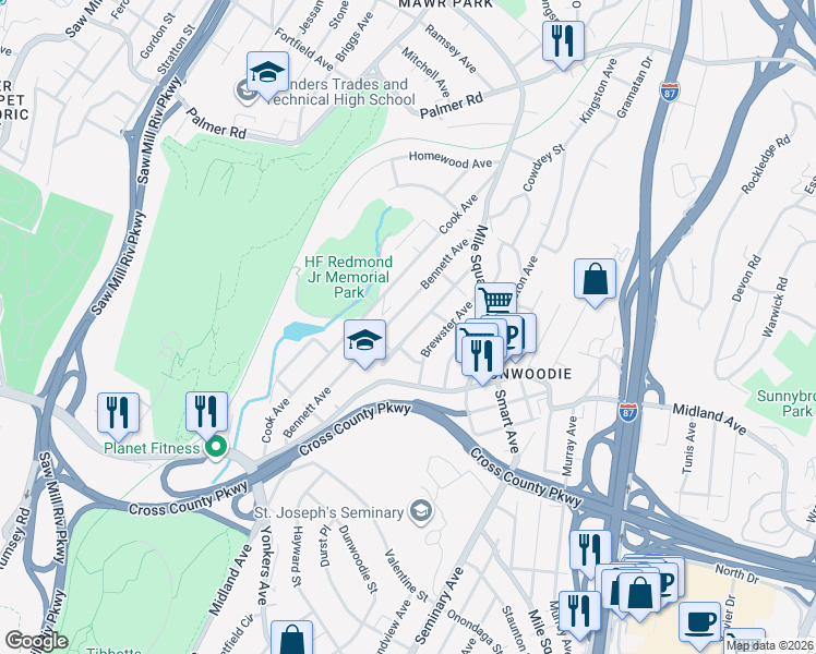 map of restaurants, bars, coffee shops, grocery stores, and more near 38 Dunston Avenue in Yonkers