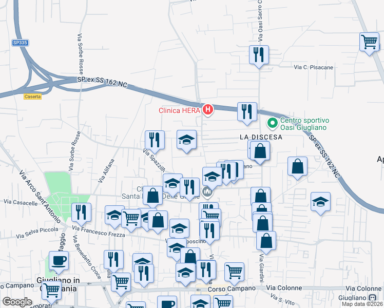 map of restaurants, bars, coffee shops, grocery stores, and more near Via Bartolo Longo in Giugliano In Campania
