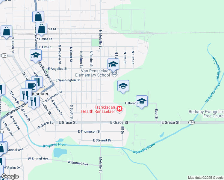 map of restaurants, bars, coffee shops, grocery stores, and more near 981 East B-Mar Drive in Rensselaer