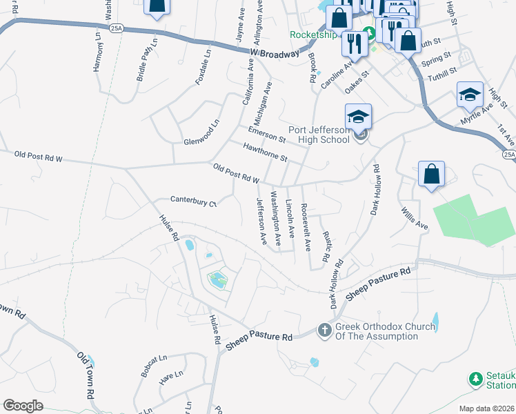 map of restaurants, bars, coffee shops, grocery stores, and more near 108 Jefferson Avenue in Port Jefferson