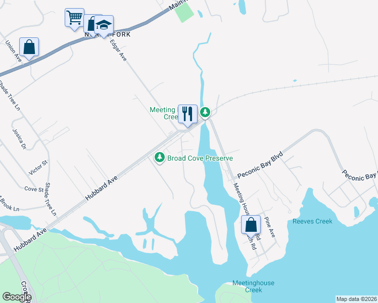 map of restaurants, bars, coffee shops, grocery stores, and more near 46 Overlook Drive in Riverhead