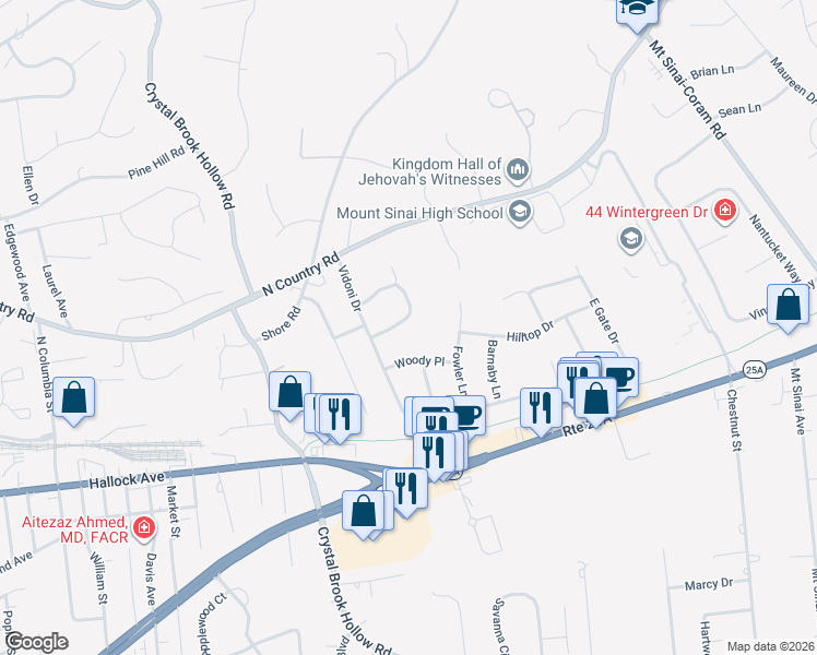 map of restaurants, bars, coffee shops, grocery stores, and more near 25 Ridgeview Place in Mount Sinai