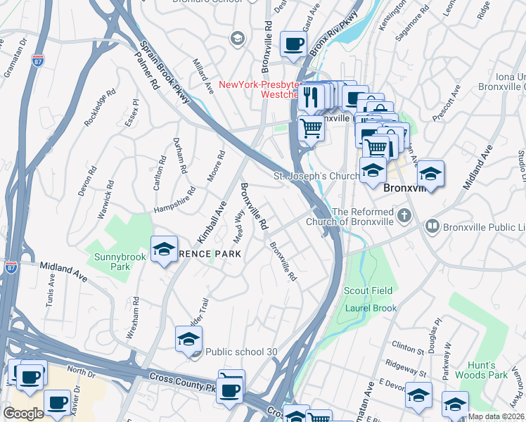 map of restaurants, bars, coffee shops, grocery stores, and more near 154 Bronxville Road in Bronxville