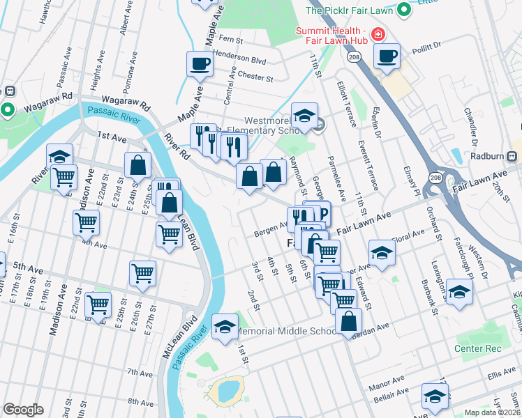 map of restaurants, bars, coffee shops, grocery stores, and more near 15-16 4th Street in Fair Lawn