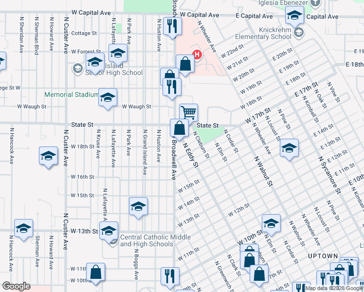 map of restaurants, bars, coffee shops, grocery stores, and more near 1704 North Eddy Street in Grand Island