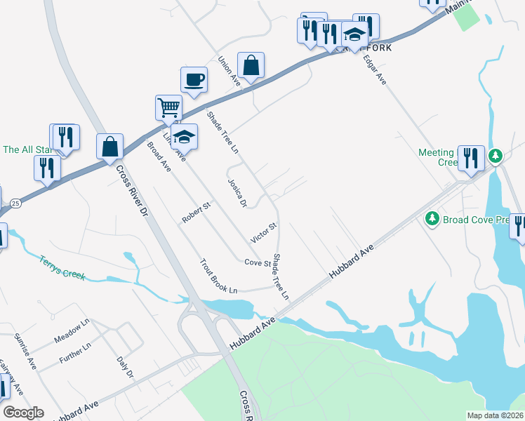 map of restaurants, bars, coffee shops, grocery stores, and more near 26 Victor Street in Riverhead