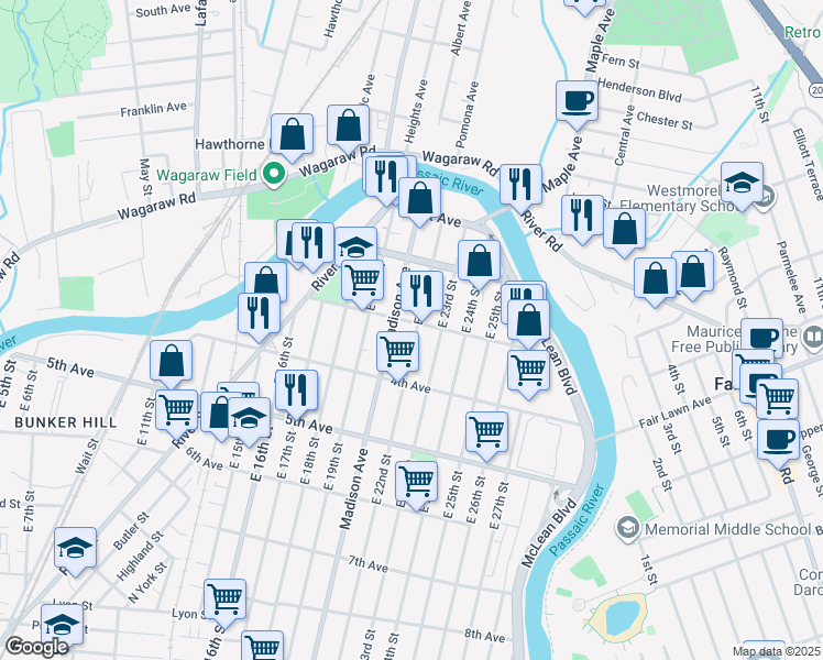 map of restaurants, bars, coffee shops, grocery stores, and more near 110 East 23rd Street in Paterson