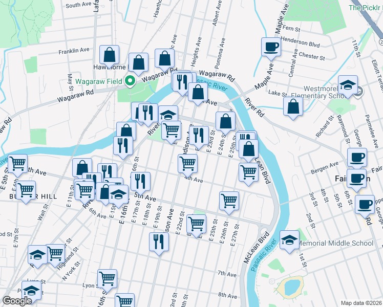 map of restaurants, bars, coffee shops, grocery stores, and more near 117 Madison Avenue in Paterson