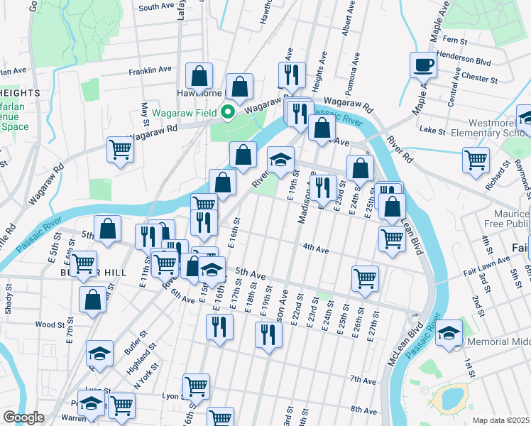 map of restaurants, bars, coffee shops, grocery stores, and more near 65 East 17th Street in Paterson
