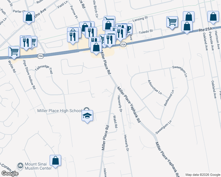 map of restaurants, bars, coffee shops, grocery stores, and more near 186 Miller Place Road in Miller Place