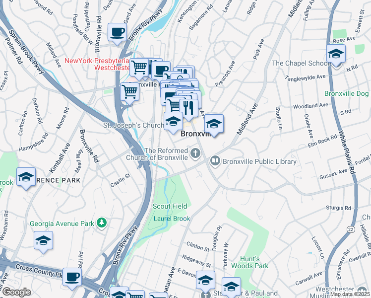map of restaurants, bars, coffee shops, grocery stores, and more near 6 Kraft Avenue in Bronxville