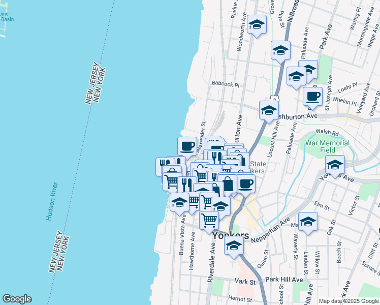 map of restaurants, bars, coffee shops, grocery stores, and more near 63 Wells Avenue in Yonkers