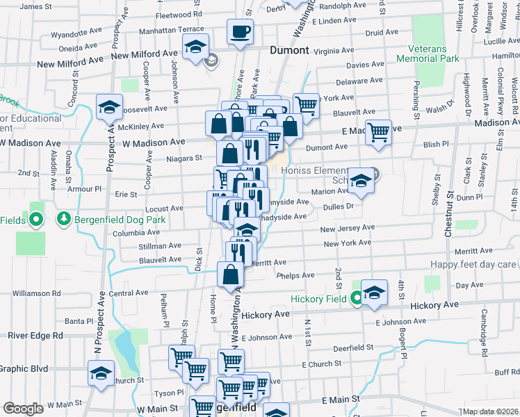 map of restaurants, bars, coffee shops, grocery stores, and more near 31 Shadyside Avenue in Dumont