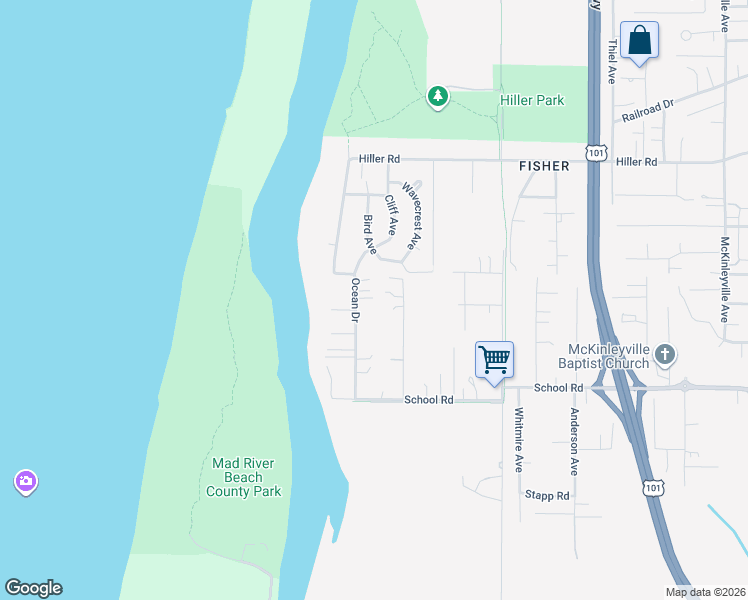 map of restaurants, bars, coffee shops, grocery stores, and more near 1704 Bird Avenue in McKinleyville