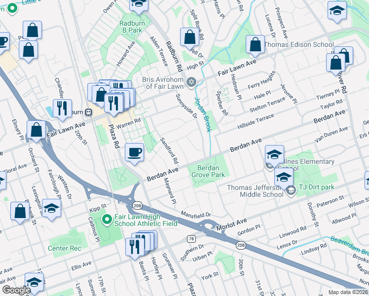 map of restaurants, bars, coffee shops, grocery stores, and more near 12-12 Scribner Road in Fair Lawn