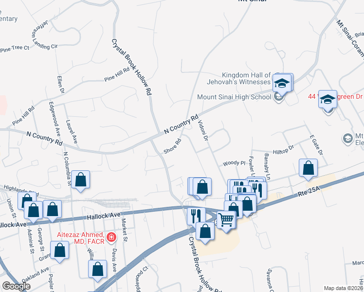 map of restaurants, bars, coffee shops, grocery stores, and more near 6 Remsen Court in Mount Sinai