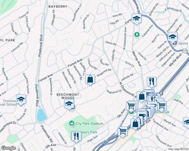 map of restaurants, bars, coffee shops, grocery stores, and more near 73 Wildwood Road in New Rochelle