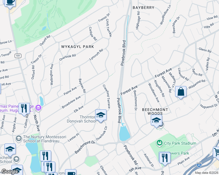 map of restaurants, bars, coffee shops, grocery stores, and more near 95 Crawford Terrace in New Rochelle