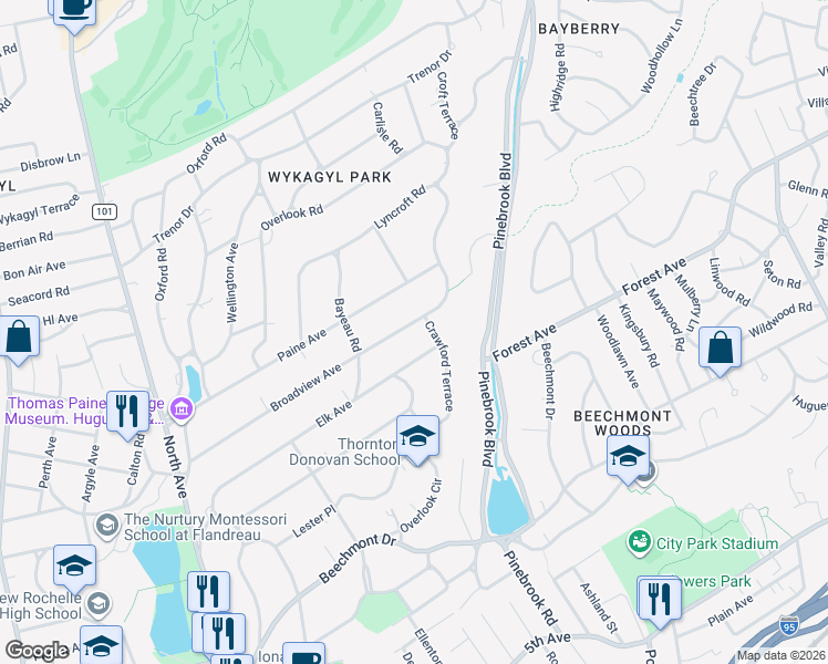 map of restaurants, bars, coffee shops, grocery stores, and more near 240 Elk Avenue in New Rochelle