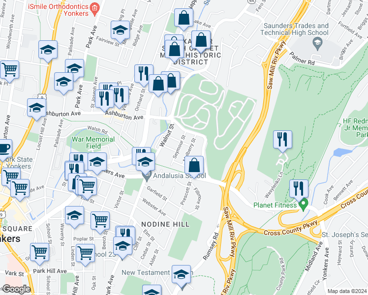 map of restaurants, bars, coffee shops, grocery stores, and more near 16 Mulberry Street in Yonkers