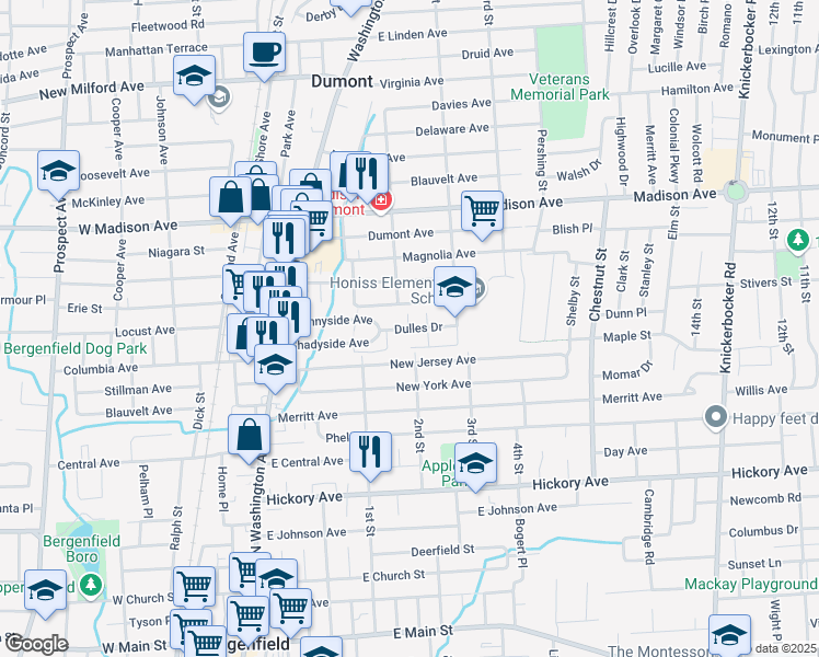 map of restaurants, bars, coffee shops, grocery stores, and more near 107 New Jersey Avenue in Bergenfield