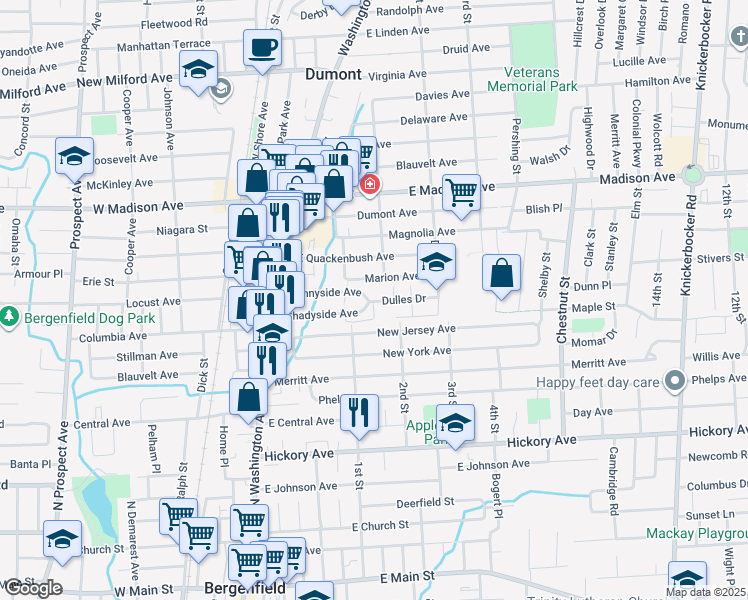 map of restaurants, bars, coffee shops, grocery stores, and more near 73 New Jersey Avenue in Bergenfield
