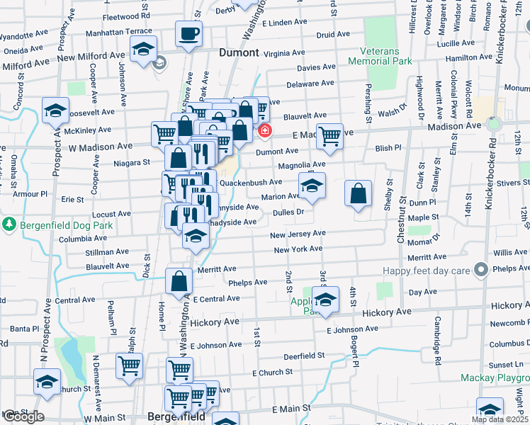 map of restaurants, bars, coffee shops, grocery stores, and more near 73 New Jersey Avenue in Bergenfield