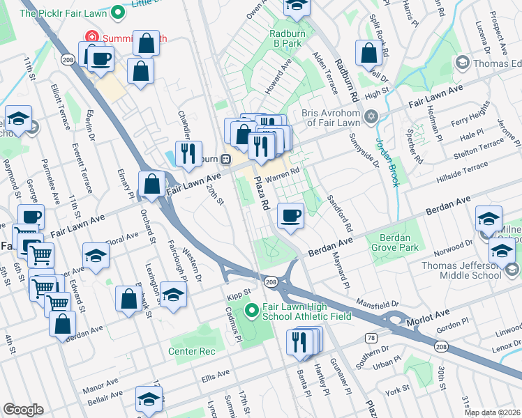 map of restaurants, bars, coffee shops, grocery stores, and more near 77 Landmark Lane in Fair Lawn