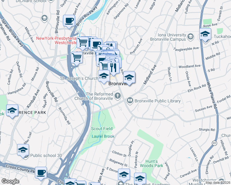map of restaurants, bars, coffee shops, grocery stores, and more near 6 Kraft Avenue in Bronxville