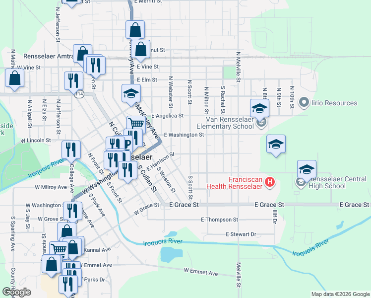map of restaurants, bars, coffee shops, grocery stores, and more near 201-299 S McKinley Ave in Rensselaer