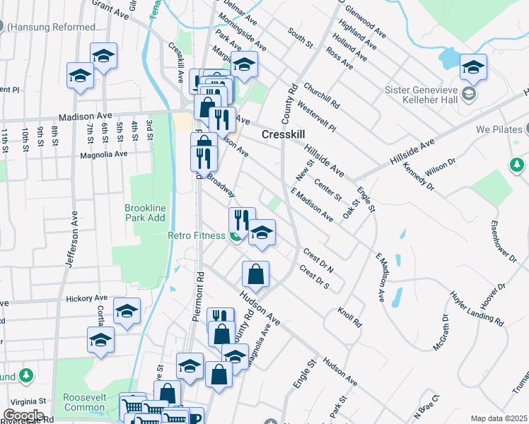 map of restaurants, bars, coffee shops, grocery stores, and more near 130 Broadway in Cresskill